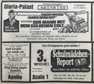 "Höhepunkte am laufenden Band, Mädchen, die wie Siamkatzen schnurren" - eine Anzeige zum 1973er Bond "Der Mann mit dem Goldenen Colt". Foto: Archiv SZ